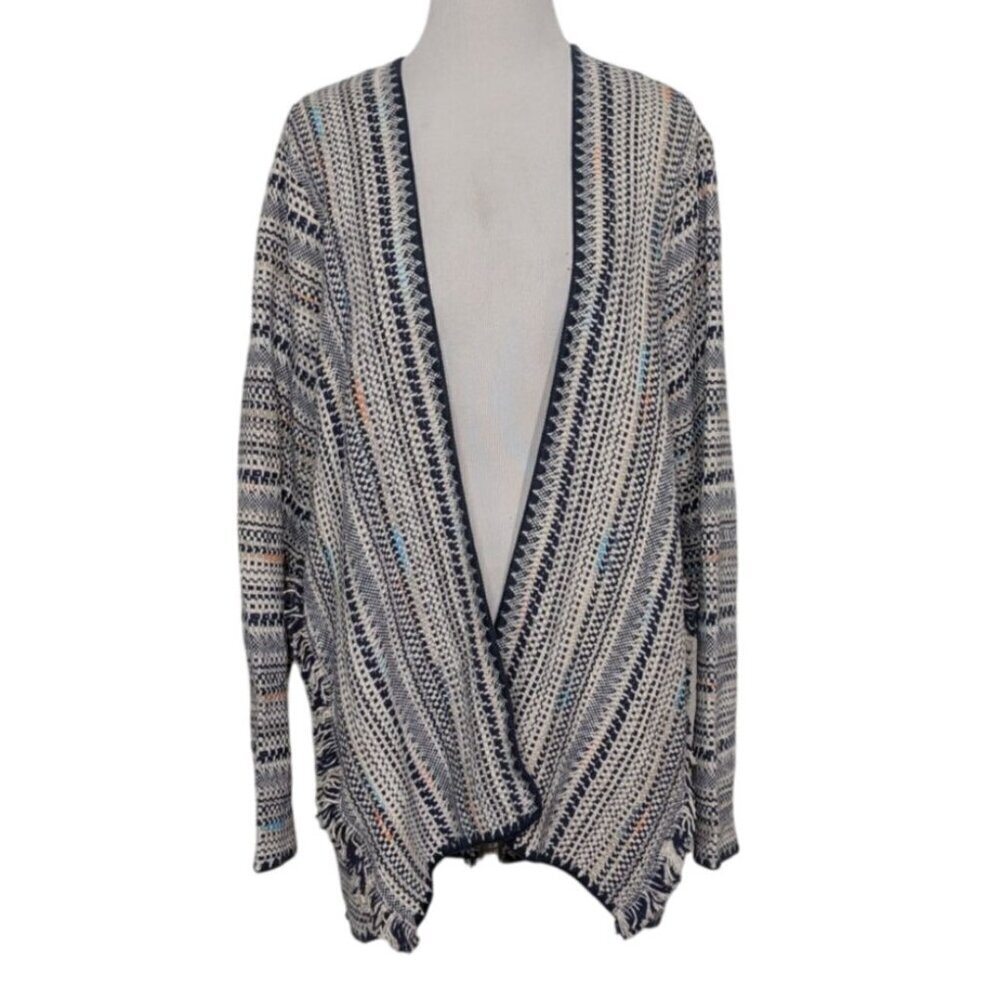 Lucky Brand Stripe Pottery Cardigan Womens Size Large Blue Boho Fringe Jacket